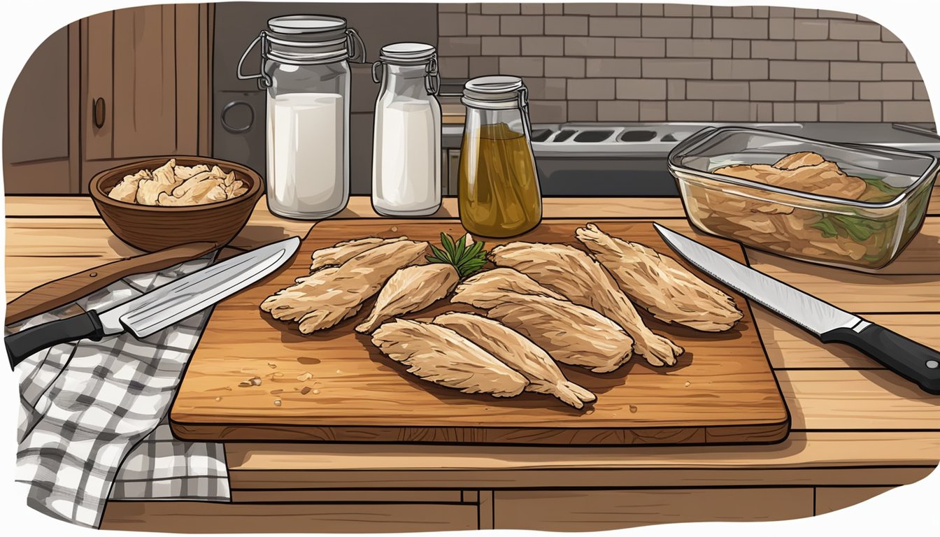 A rustic kitchen counter with a cutting board, knife, and marinated chicken strips ready to be dried for homemade Texas-style chicken jerky