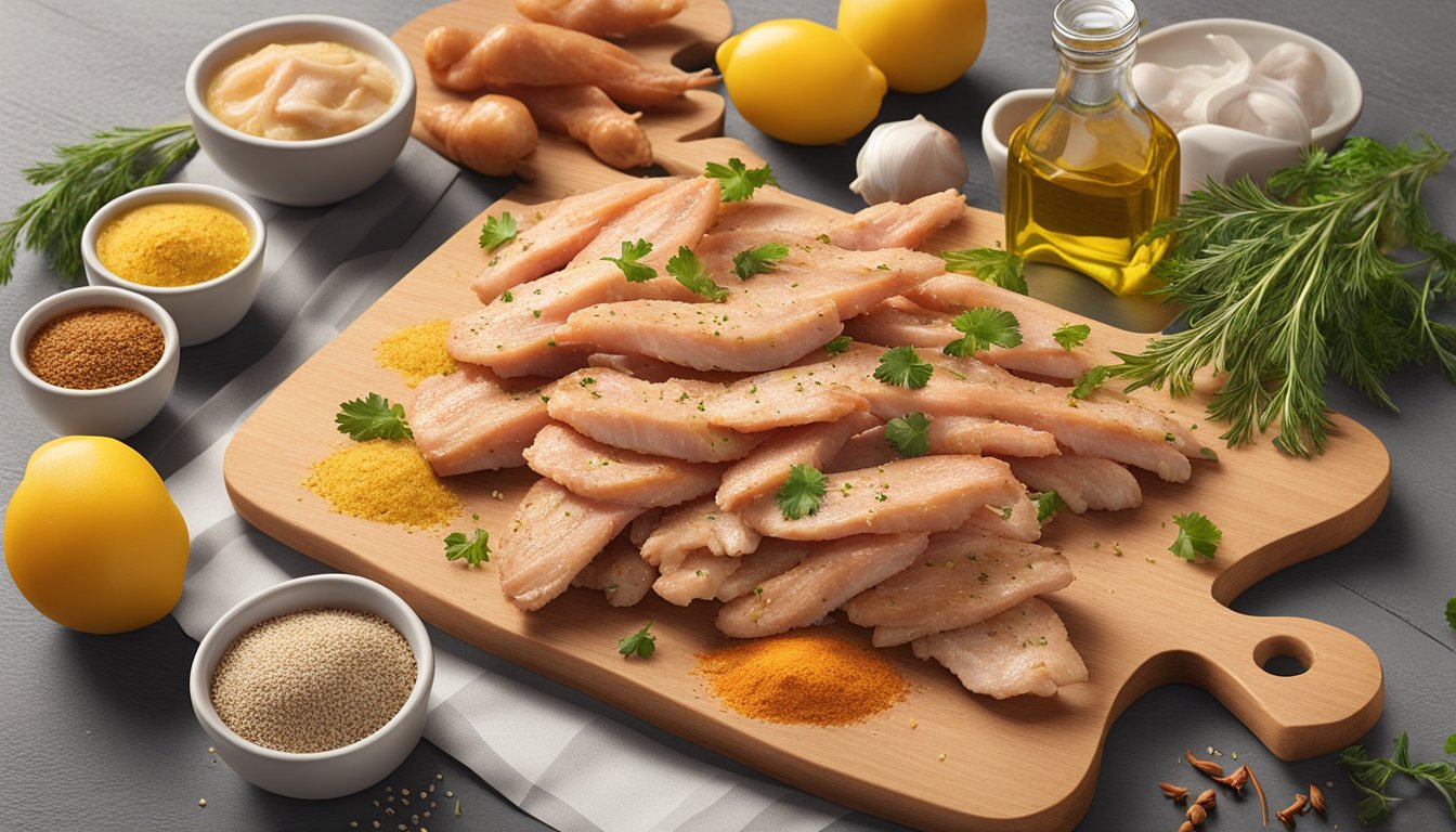 A cutting board with raw chicken strips coated in a Texas-style marinade, surrounded by ingredients like spices, herbs, and a bottle of olive oil