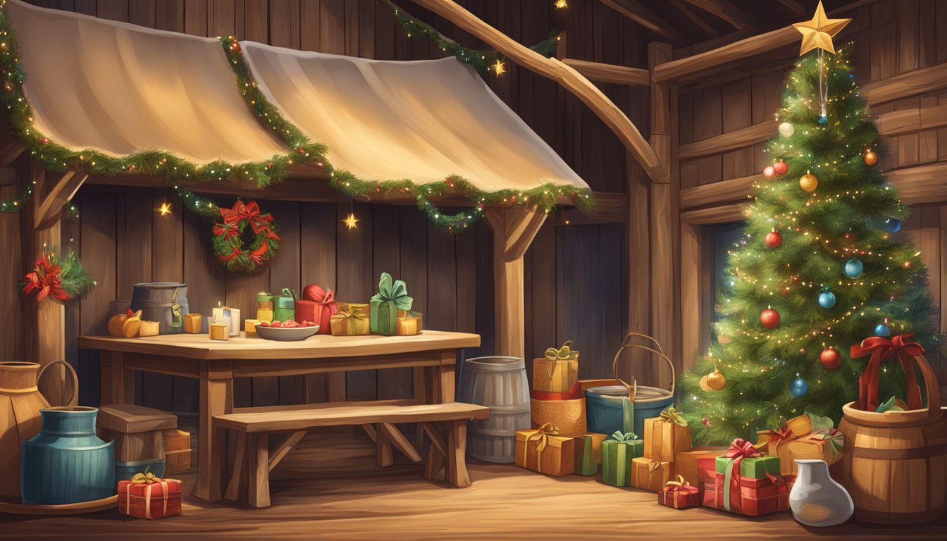 A rustic Texas barn with festive Christmas decorations, a table set with ingredients for making eggnog, and a cowboy hat hanging on a hook