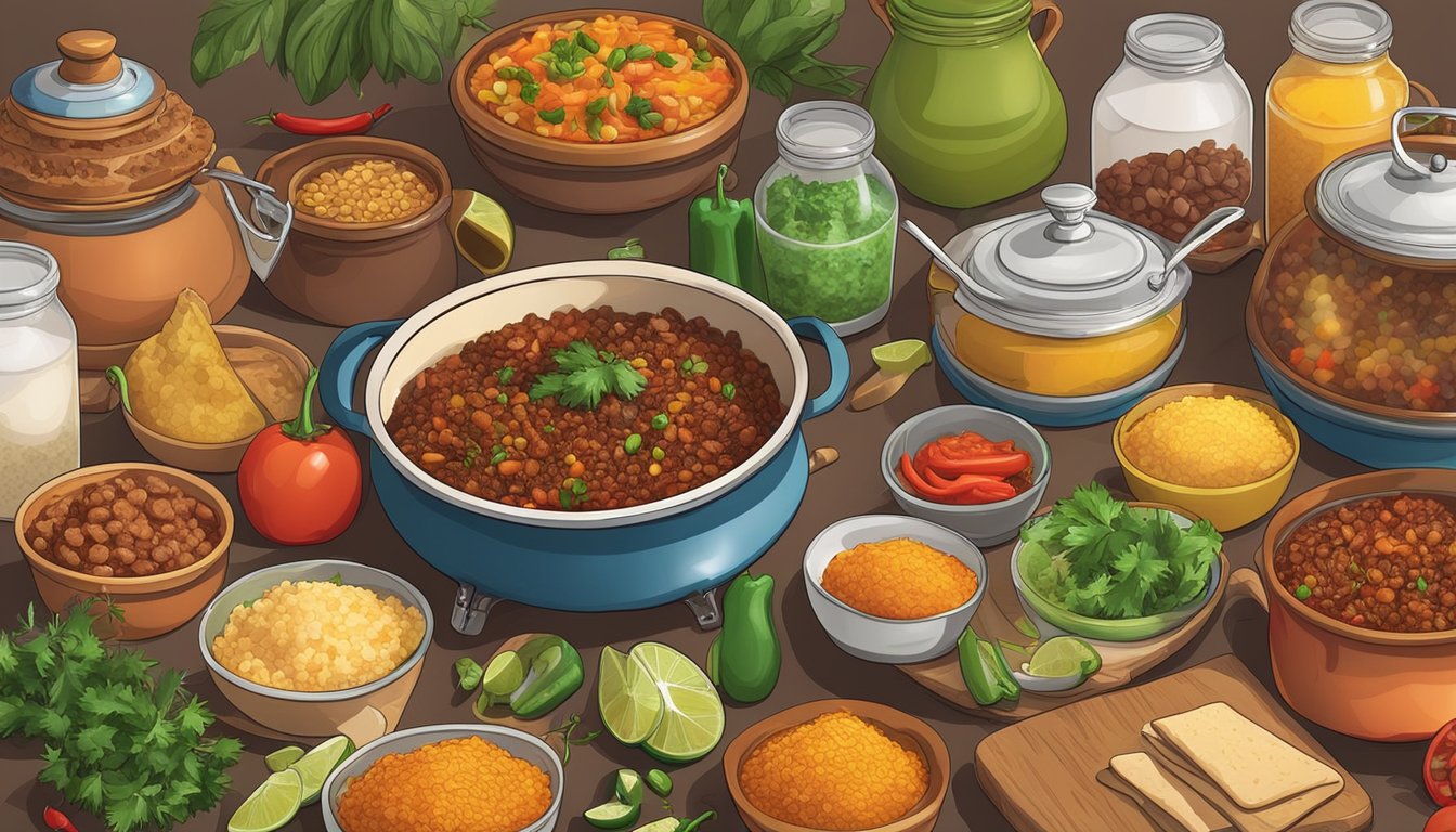 A colorful kitchen counter displays a steaming pot of spicy picadillo surrounded by various Tex-Mex ingredients and utensils