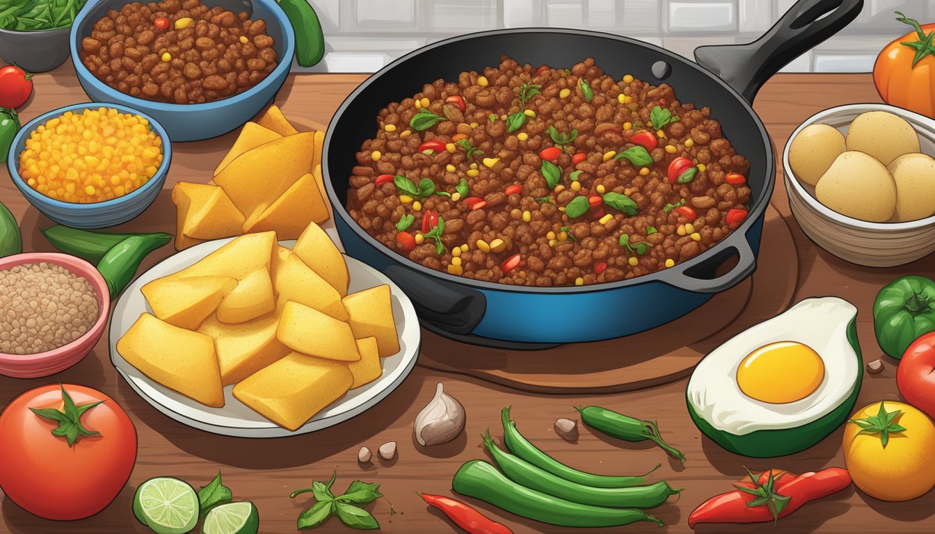 A sizzling skillet of Texas-style picadillo cooking on a stovetop, surrounded by vibrant ingredients like ground beef, tomatoes, potatoes, and spices