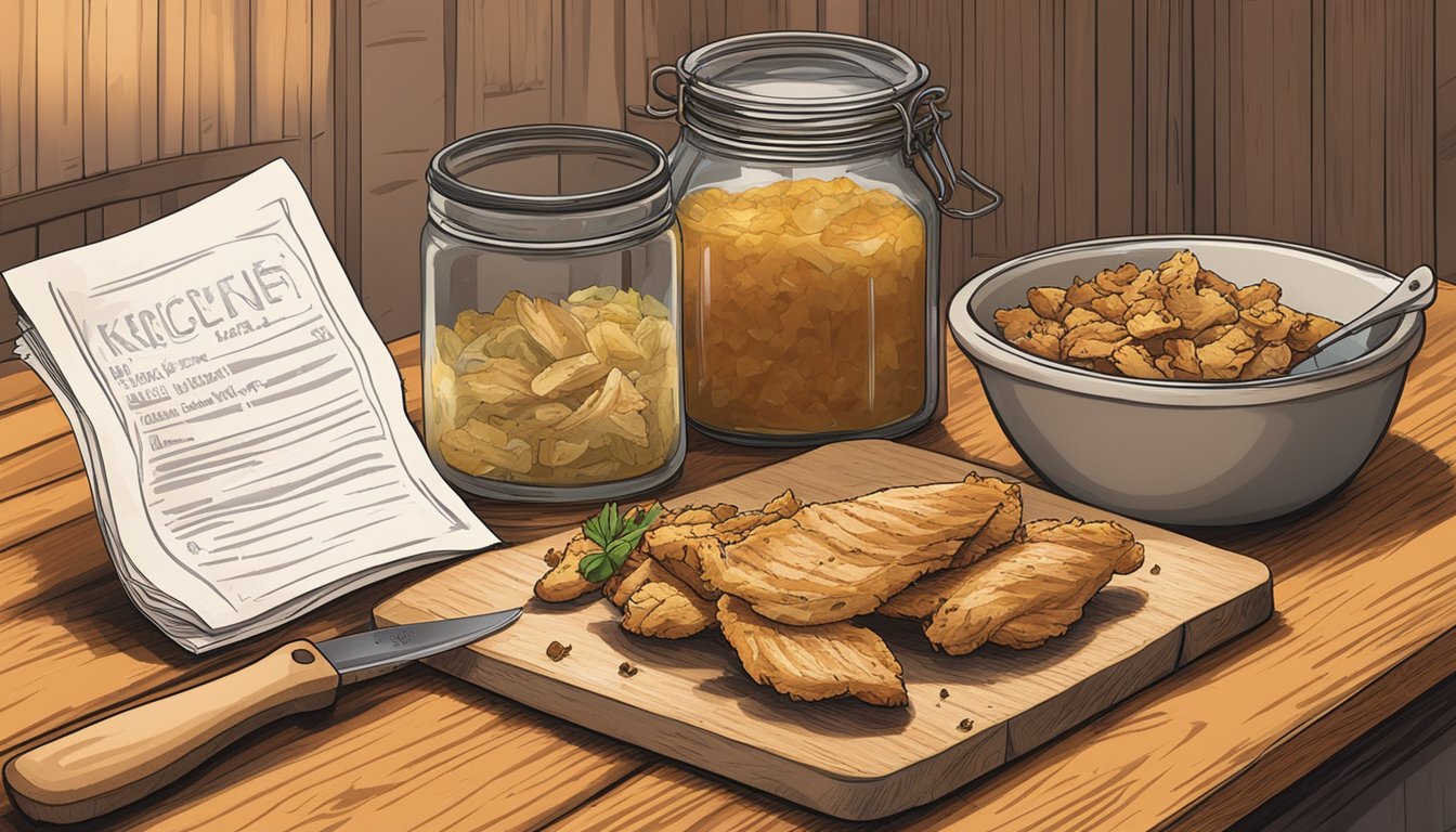 A rustic kitchen counter with a cutting board, knife, and a pile of marinated chicken strips. A jar of seasoning and a recipe card sit nearby