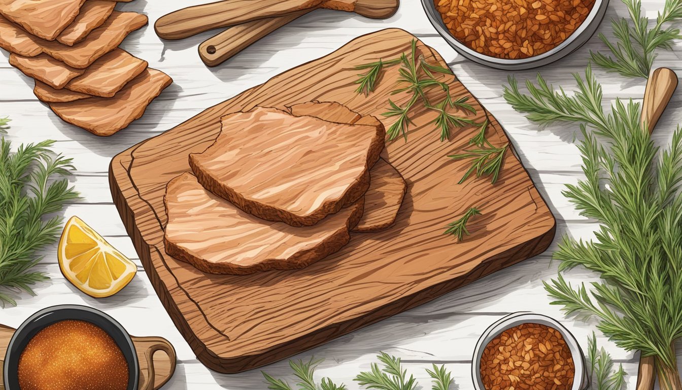 A wooden cutting board with thin slices of seasoned chicken jerky laid out to cool. A rustic kitchen backdrop with herbs and spices scattered around