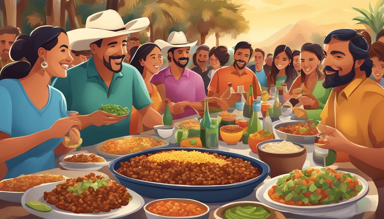 A festive table set with colorful Texas-style decorations, surrounded by a large gathering of people enjoying the ultimate Mexican picadillo