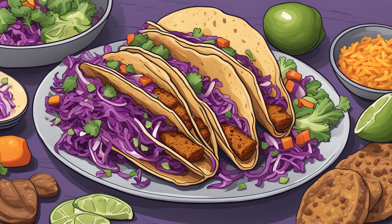 A sizzling skillet with texas style tempeh tacos topped with vibrant purple cabbage slaw, surrounded by colorful ingredients and spices