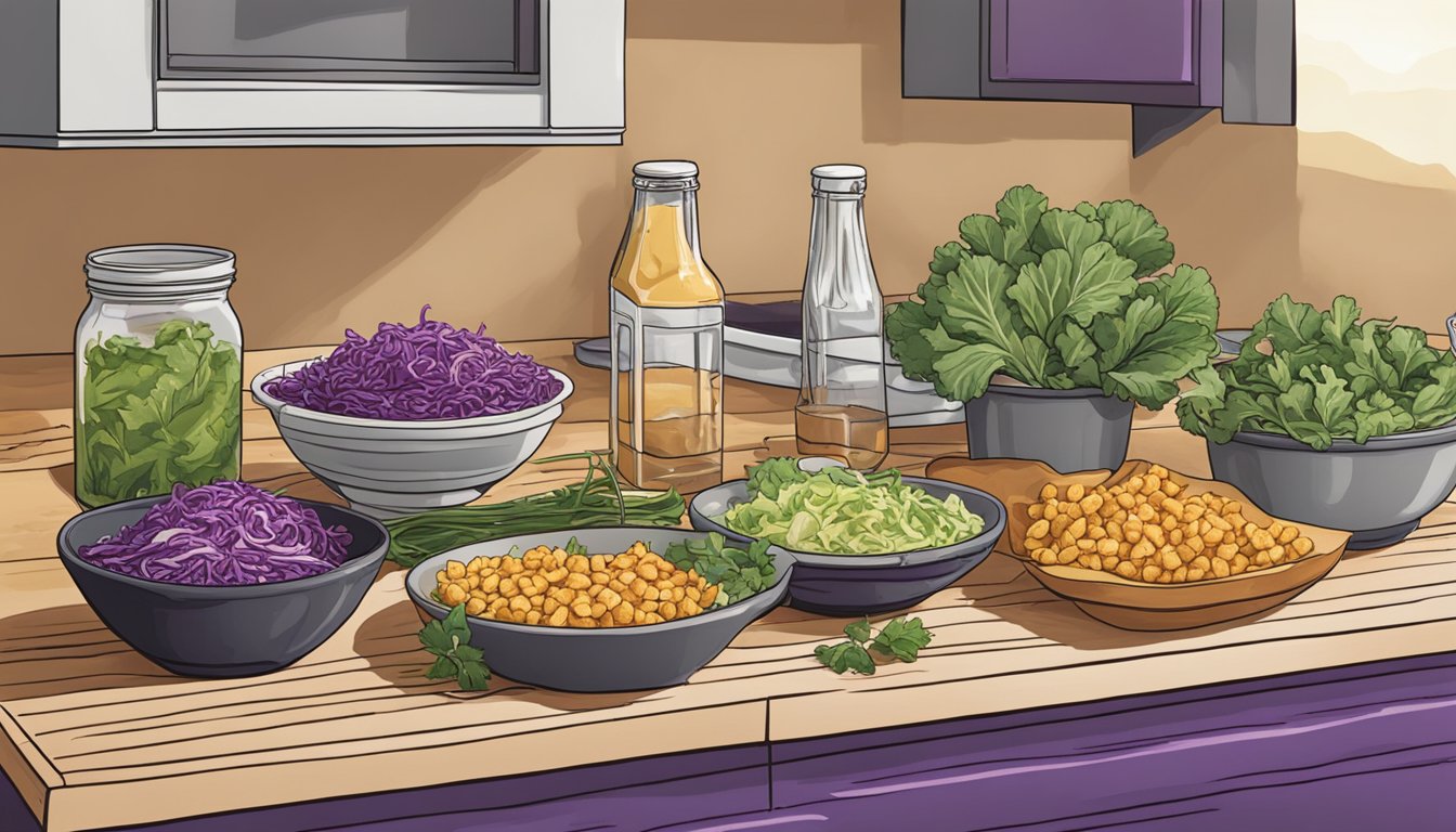 A Texan kitchen counter with ingredients for tempeh tacos and a vibrant purple cabbage slaw, ready to be assembled