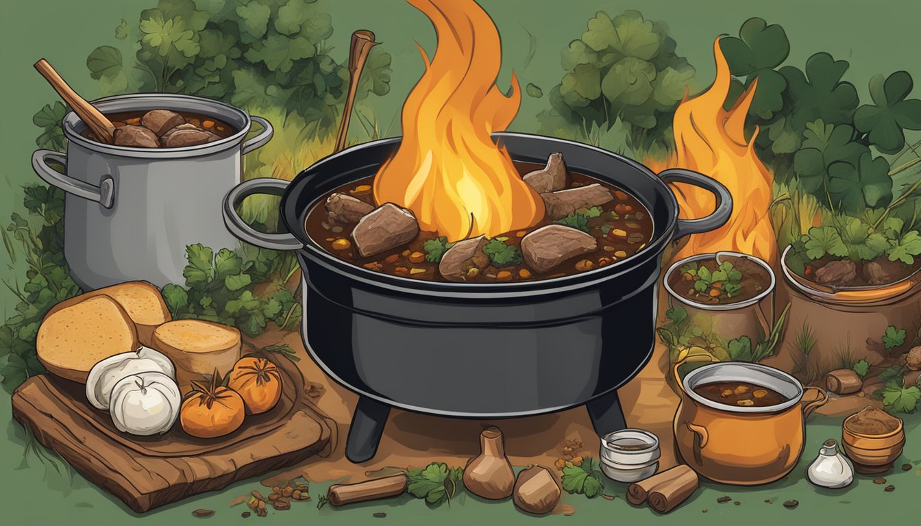 A pot of Irish venison stew simmering over a campfire, with Texan spices and ingredients scattered around