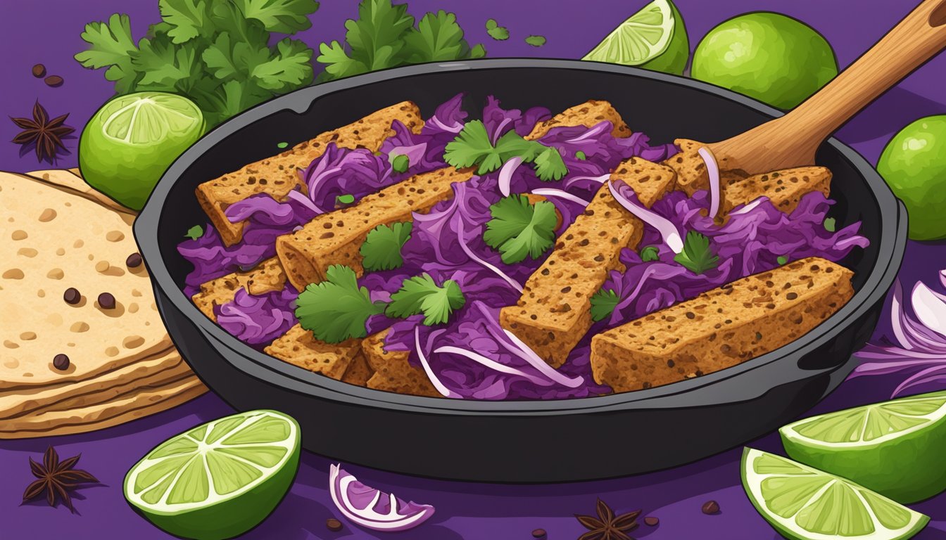 A sizzling skillet of tempeh and spices, surrounded by vibrant purple cabbage, cilantro, and lime, all nestled in warm tortillas