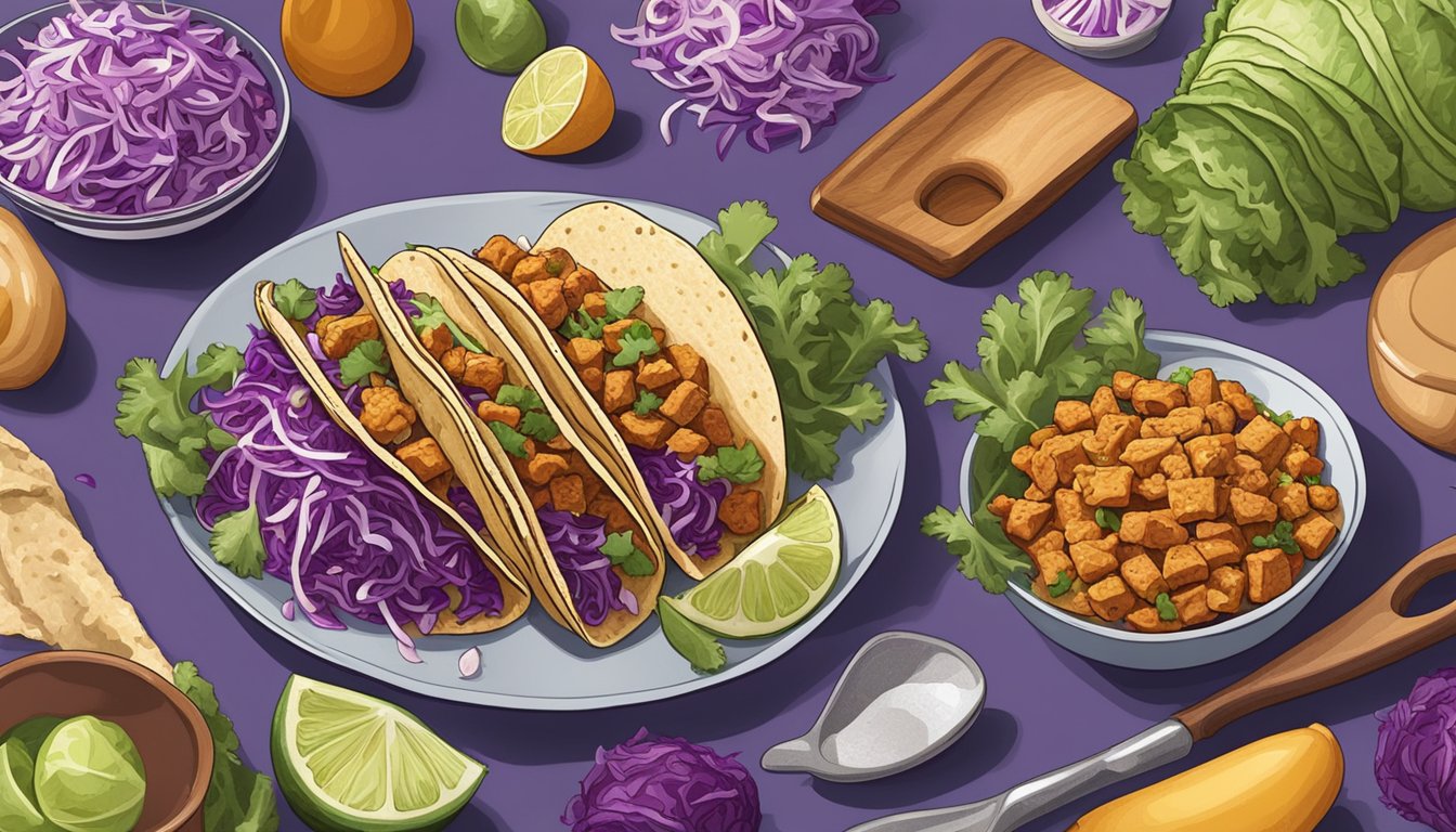 A table set with texas-style tempeh tacos topped with purple cabbage slaw, surrounded by vibrant ingredients and cooking utensils