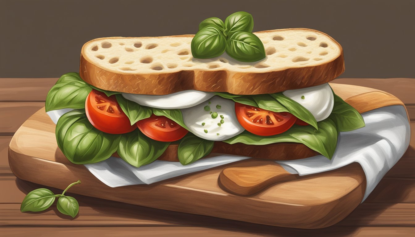 A rustic wooden cutting board holds a Texas-style Caprese sandwich with roasted cherry tomatoes, fresh mozzarella, and basil leaves