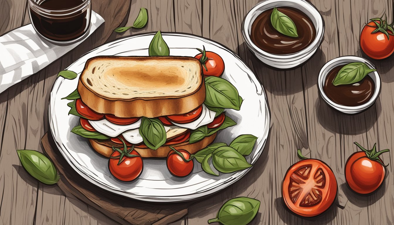 A rustic wooden table with a Texas-style caprese sandwich, topped with roasted cherry tomatoes, fresh basil, and drizzled with balsamic glaze