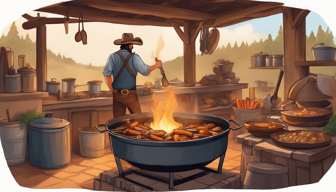 A rustic kitchen with a pot simmering over an open fire, filled with venison, potatoes, carrots, and onions, while a Texan cowboy adds in a touch of barbecue sauce and spices