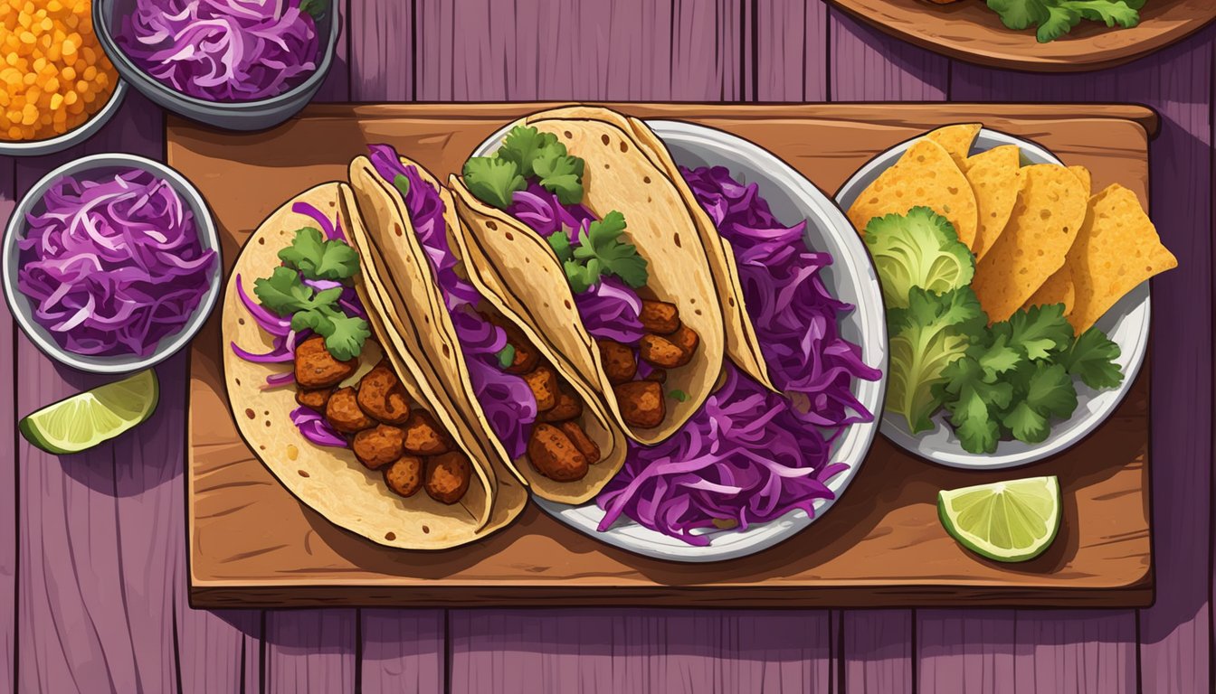 A rustic wooden table set with colorful texas style tempeh tacos and vibrant purple cabbage slaw for a Tex-Mex inspired feast