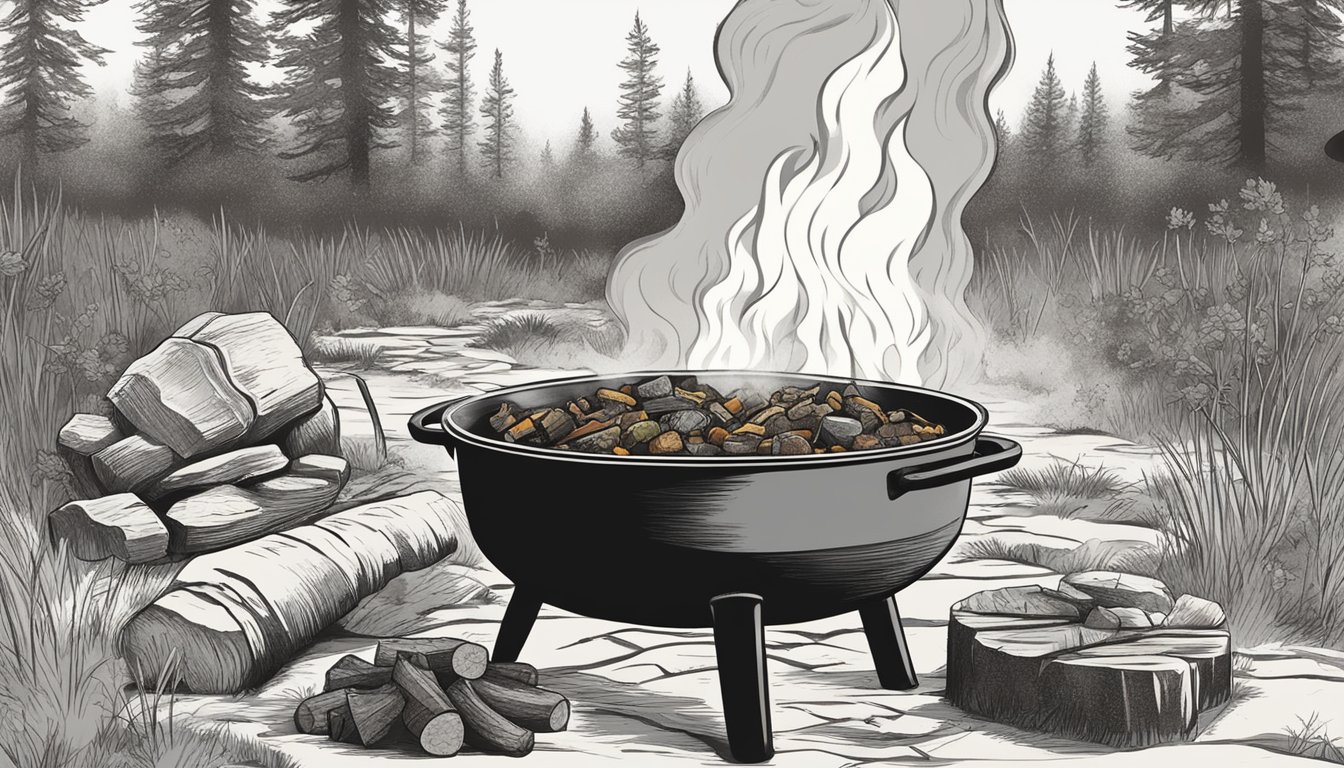 A rustic campfire with a cast iron Dutch oven bubbling with a hearty Irish venison stew, infused with Texan spices and ingredients