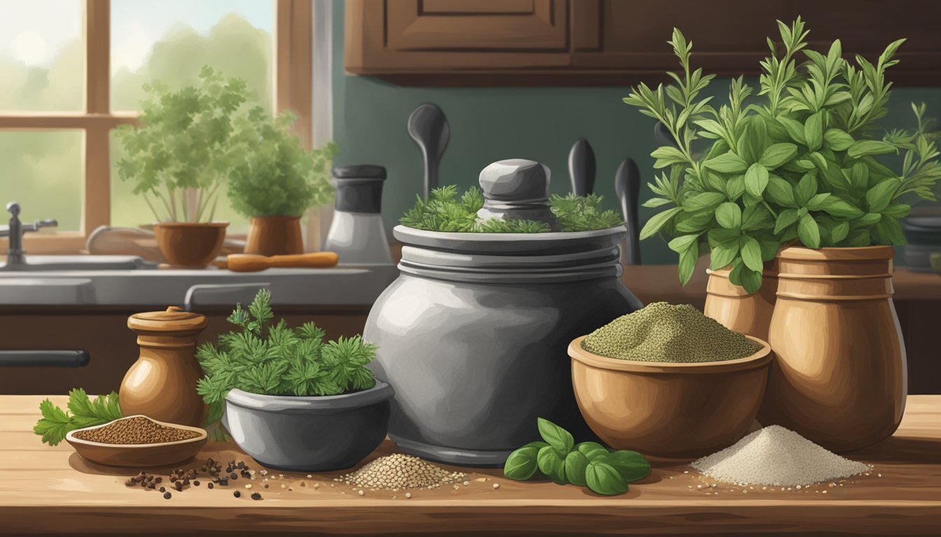 A rustic kitchen counter with a jar of Texas-style serendipity seasoning surrounded by fresh herbs, spices, and a vintage mortar and pestle