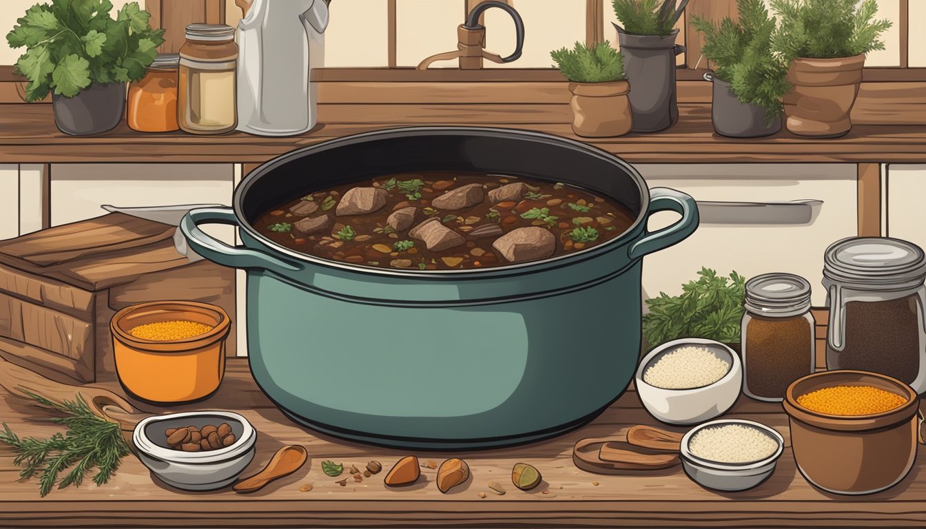 A rustic kitchen with a pot of simmering venison stew, surrounded by Texan spices and ingredients