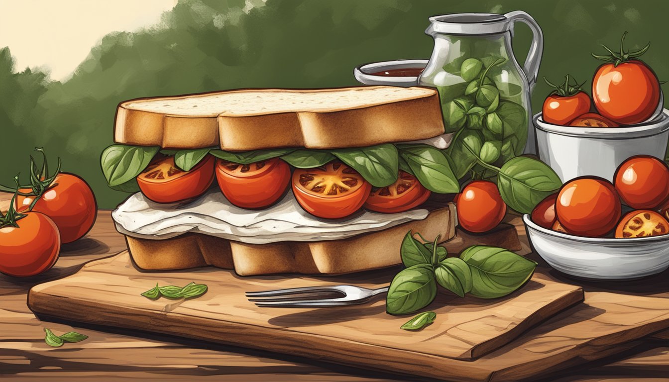 A rustic wooden table with a Texas-style easy caprese sandwich surrounded by roasted cherry tomatoes, showcasing various customizations and variations