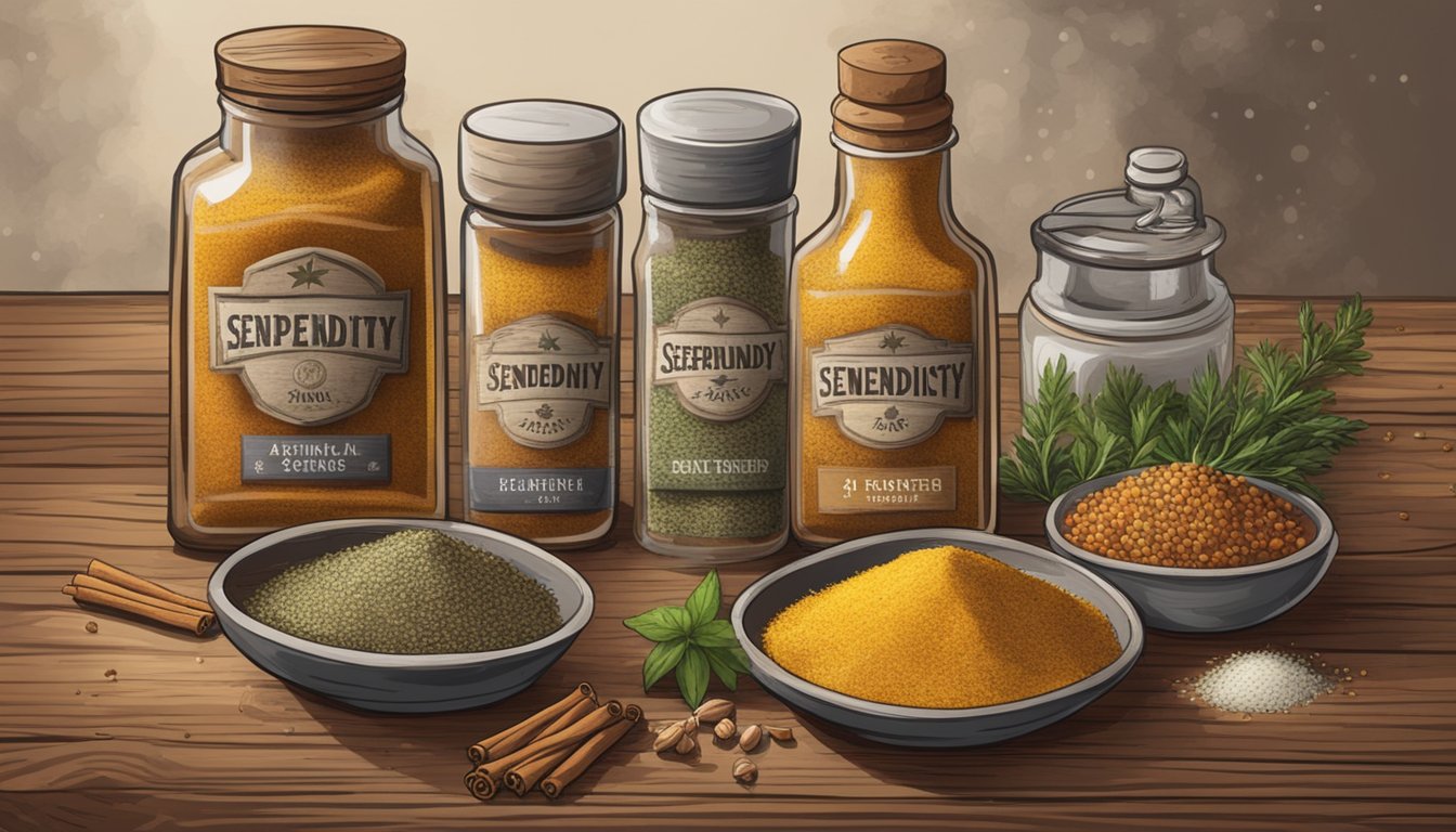 A rustic Texas kitchen with various spices and herbs scattered on a worn wooden table, a bottle of serendipity seasoning front and center