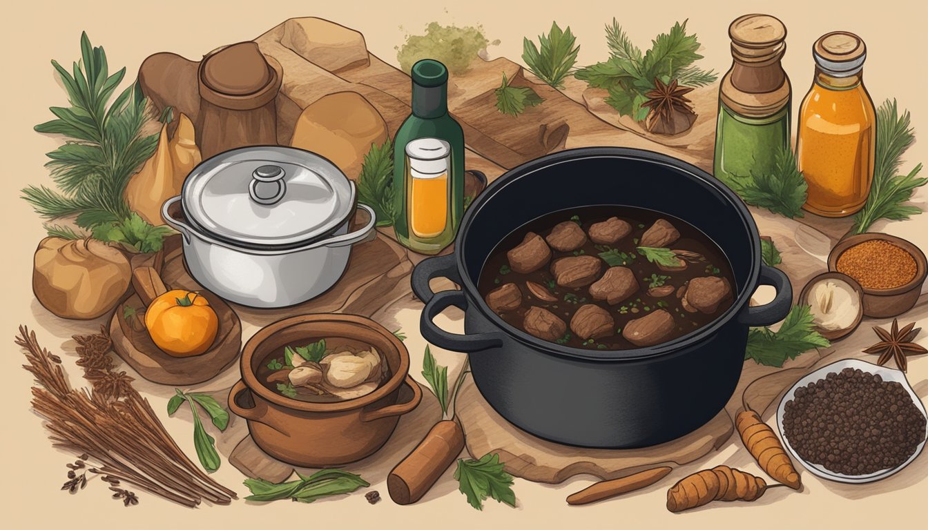 A rustic kitchen with a cast iron pot simmering venison stew, surrounded by Texan spices and ingredients