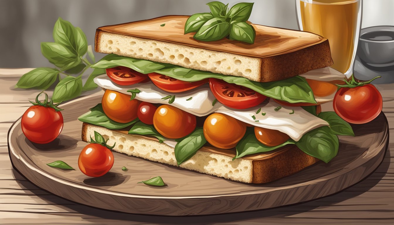 A wooden cutting board with a Texas-style easy caprese sandwich, topped with roasted cherry tomatoes, served on a rustic plate