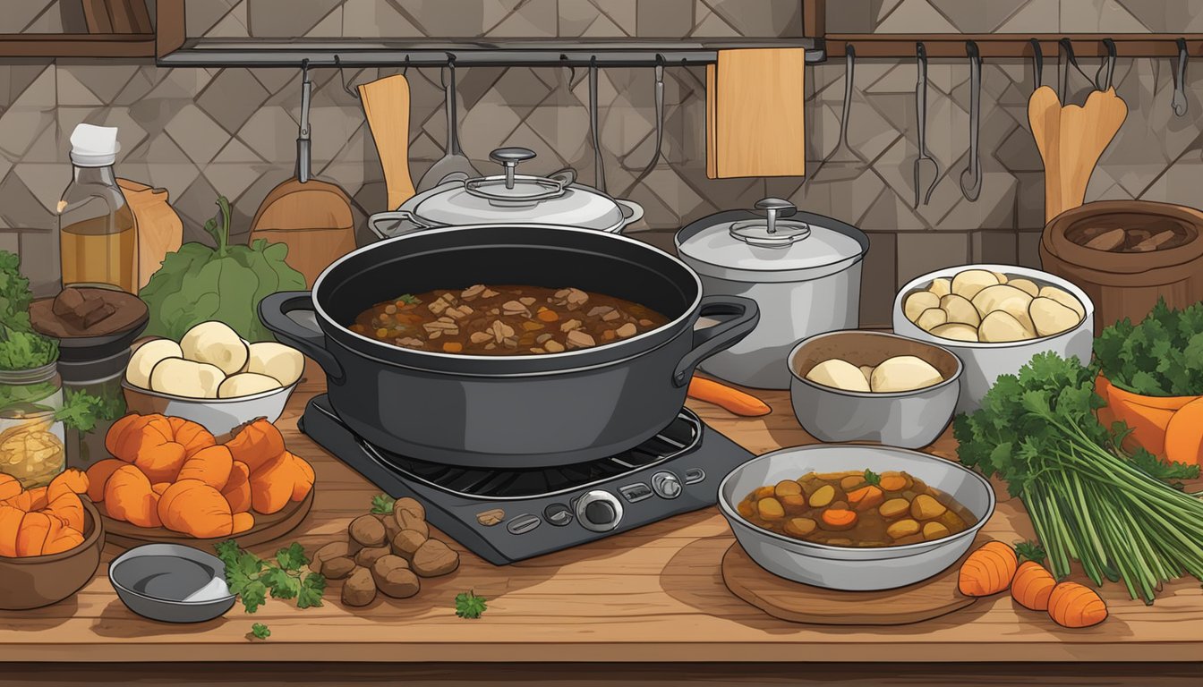 A rustic kitchen with a pot simmering on a stove, filled with Irish venison stew ingredients and a Texan twist. Ingredients like potatoes, carrots, and venison are laid out on the counter