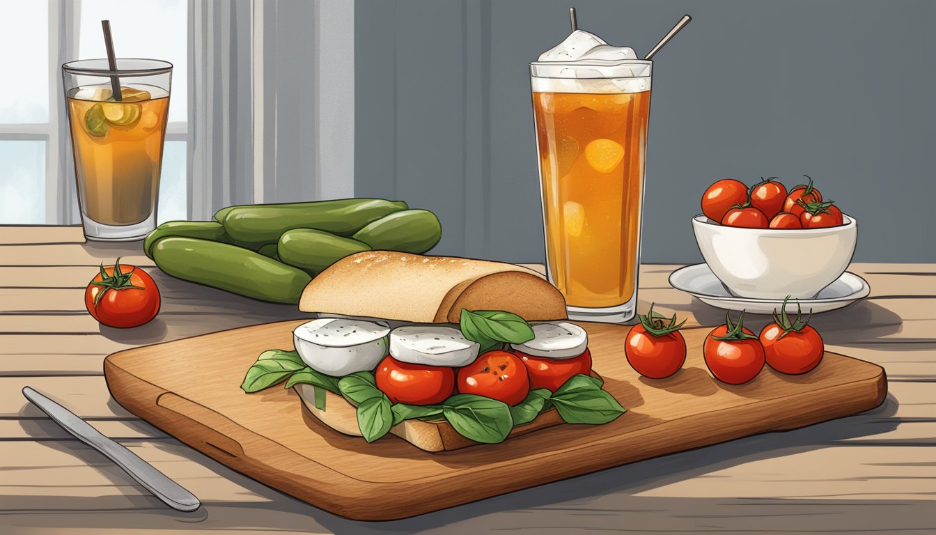 A rustic wooden cutting board holds a Texas-style caprese sandwich with roasted cherry tomatoes, accompanied by a side of pickles and a cold glass of iced tea