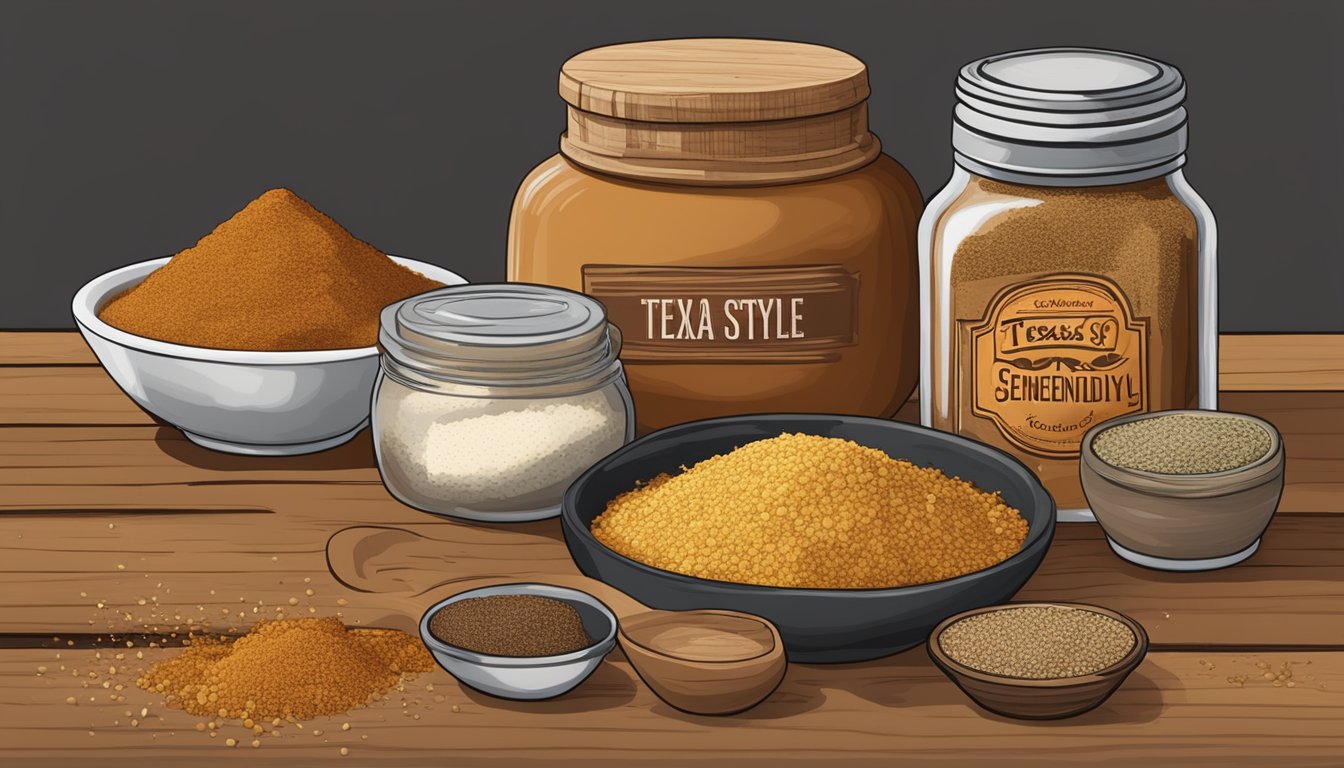 A rustic wooden table with scattered ingredients like chili powder, cumin, and garlic, along with a labeled jar of "Texas Style Serendipity Seasoning."