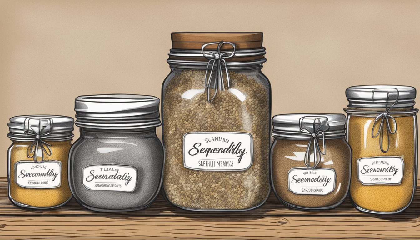 A rustic kitchen shelf holds jars of Texas-style seasoning, with a handwritten label reading "Serendipity Seasoning."