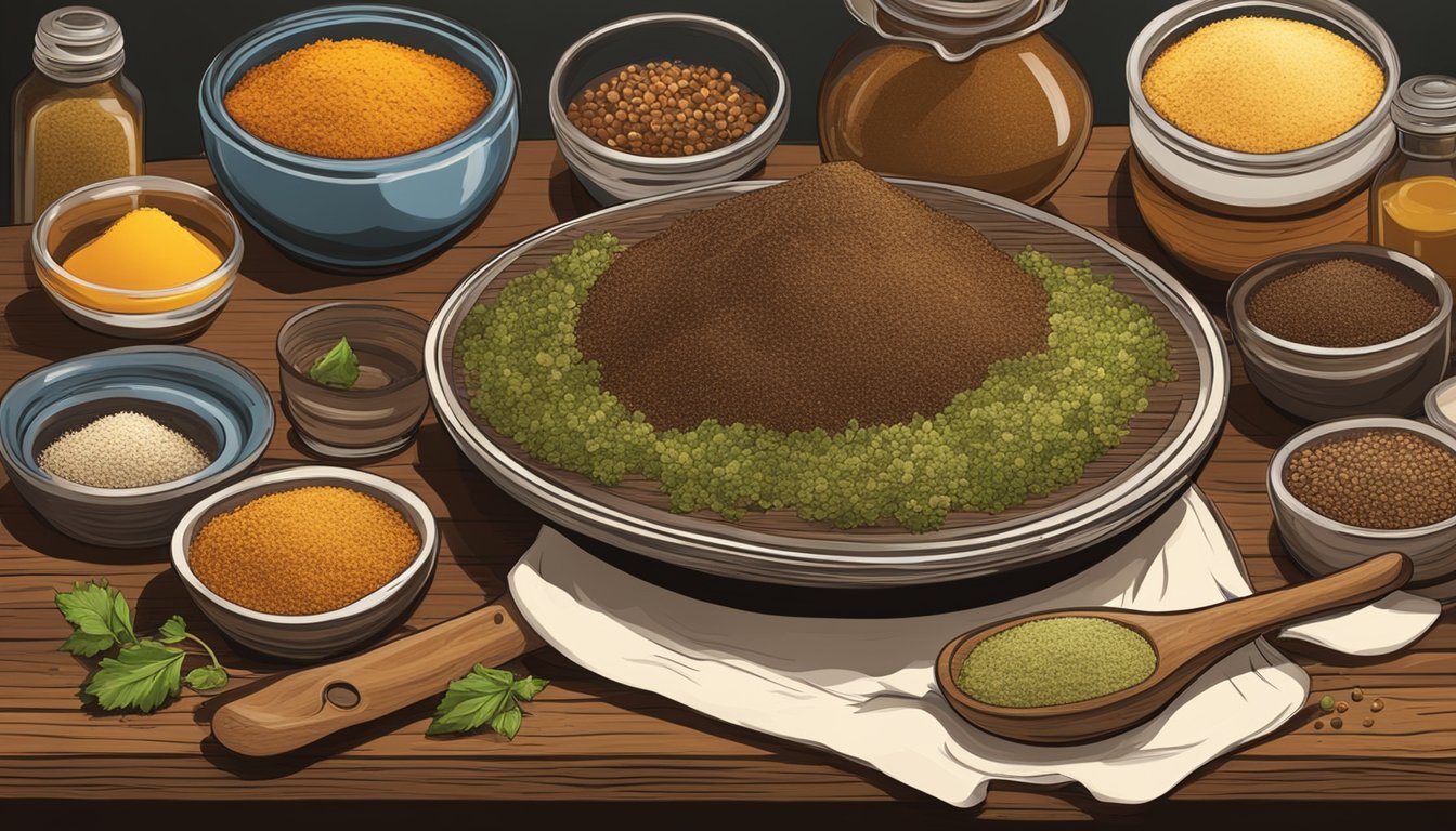 A rustic wooden table with a bowl of Texas-style serendipity seasoning, surrounded by various ingredients and serving utensils