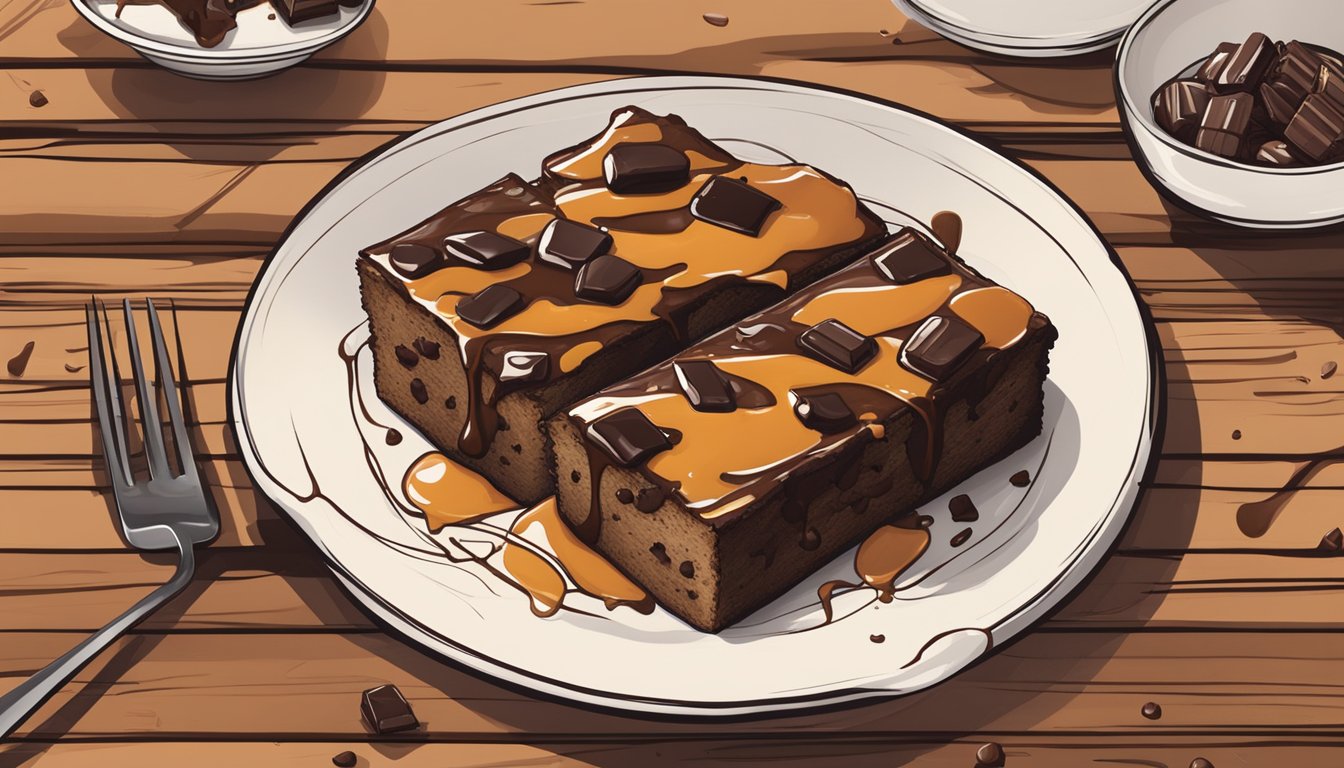 A rustic wooden table with a steaming Texas-style smoked chocolate bread pudding, surrounded by scattered chocolate chunks and a drizzle of caramel sauce