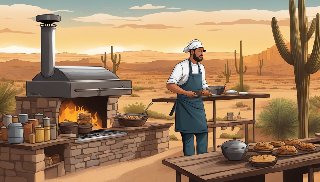 A rustic outdoor kitchen with a wood-burning smoker, surrounded by Texas desert landscape, as a chef prepares a chocolate bread pudding