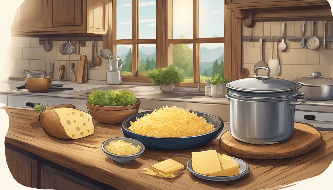 A rustic kitchen with a large pot of boiling potatoes, a bowl of shredded cheese, and a dollop of creamy butter