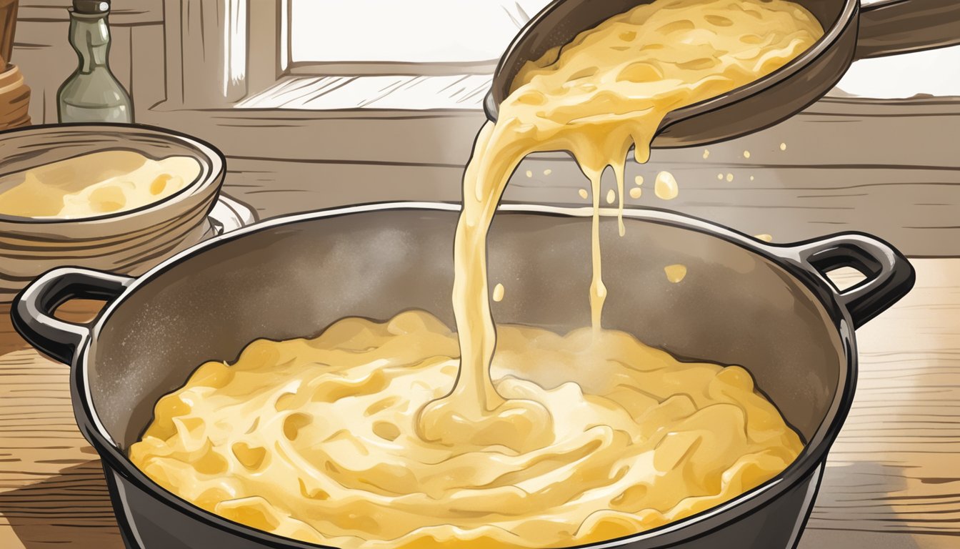 A bubbling pot of creamy cheese sauce being poured over a golden-brown mashed potato casserole in a rustic Texas kitchen