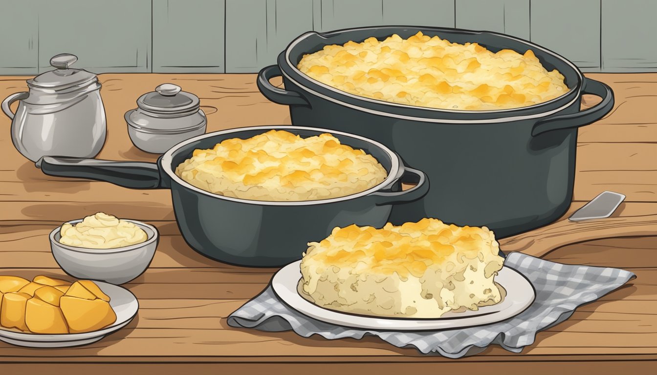 A rustic kitchen counter with a bubbling casserole dish topped with golden brown mashed potatoes and melted cheese