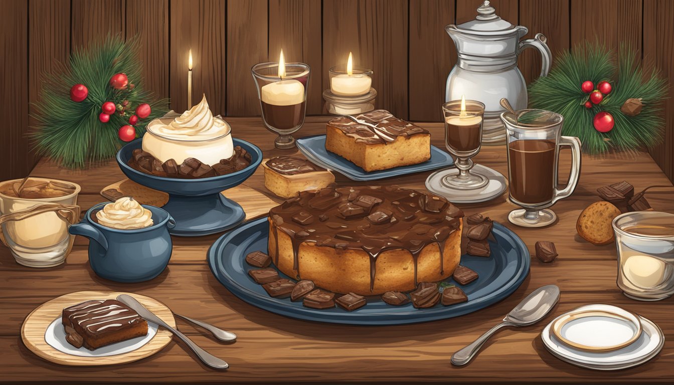 A rustic wooden table adorned with a rich, smoky chocolate bread pudding, surrounded by festive Texas-themed decorations