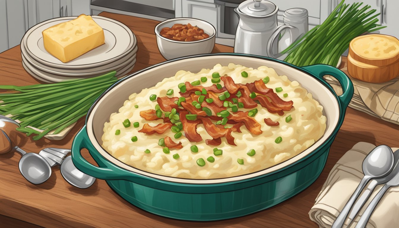 A bubbling casserole dish filled with creamy, cheesy mashed potatoes, topped with crispy bacon and green onions, surrounded by Texas-themed kitchen decor