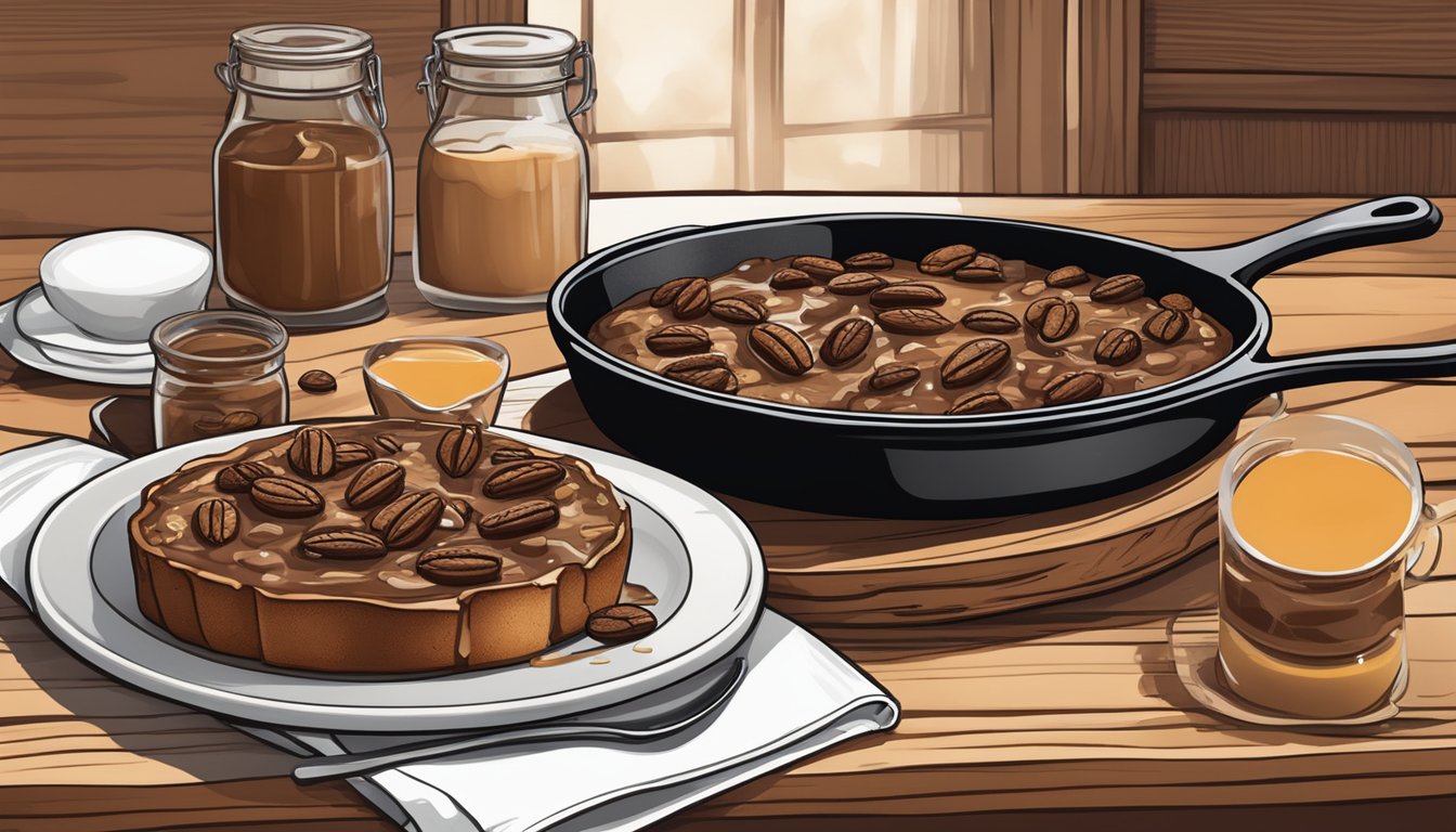 A rustic wooden table set with a cast iron skillet filled with rich, smoky chocolate bread pudding, surrounded by pecans and a drizzle of caramel sauce