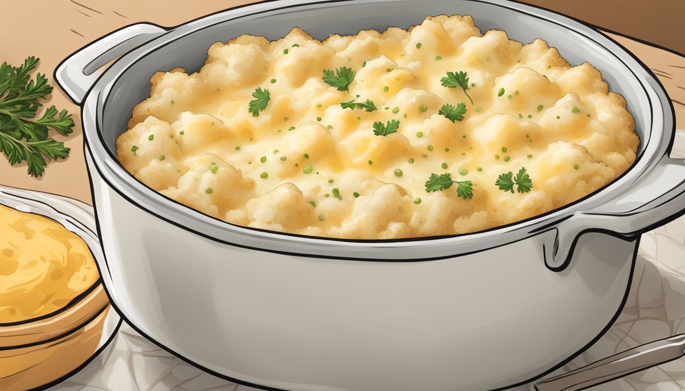 A bubbling casserole dish filled with creamy, cheesy mashed potatoes, sprinkled with Texas-style seasonings and flavors