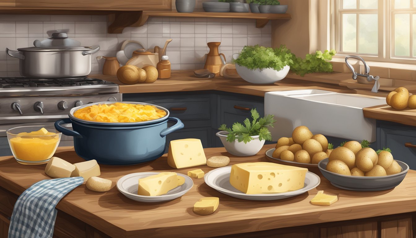 A rustic kitchen counter with bubbling casserole dish, surrounded by ingredients like potatoes, cheese, and butter