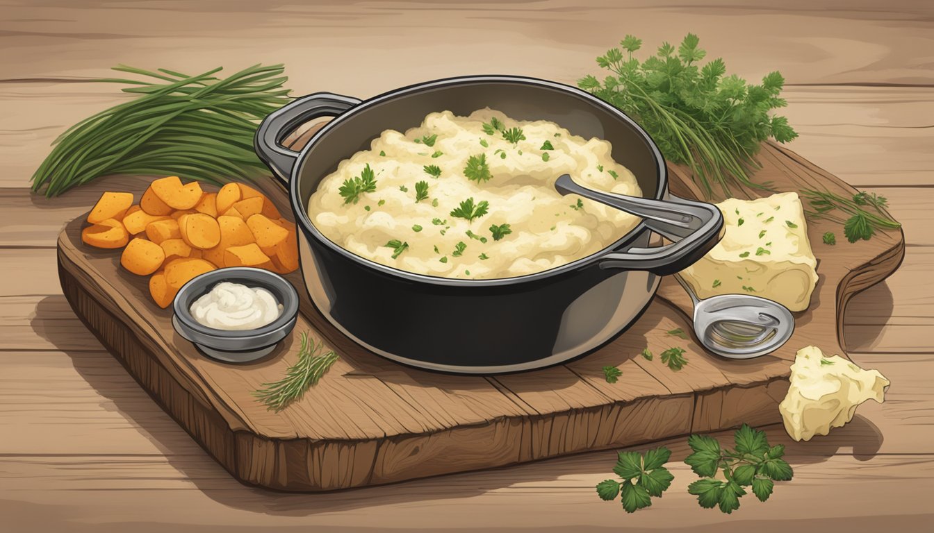 A rustic wooden table set with a steaming casserole dish overflowing with creamy, cheesy mashed potatoes. Sprigs of fresh herbs and a sprinkle of paprika add the finishing touch