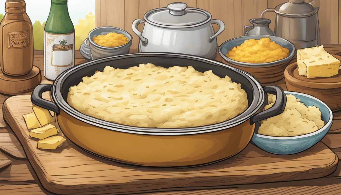 A rustic wooden table with a steaming, golden-brown casserole dish filled with creamy, cheesy mashed potatoes, surrounded by Texas-themed decor and ingredients