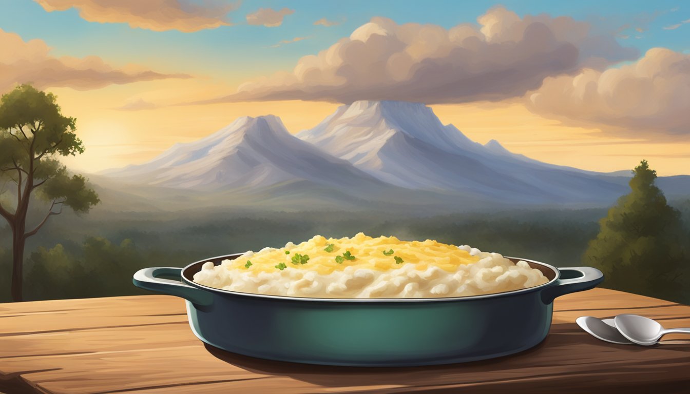 A steaming casserole dish sits on a rustic wooden table, overflowing with creamy, cheesy mashed potatoes. A Texas landscape looms in the background