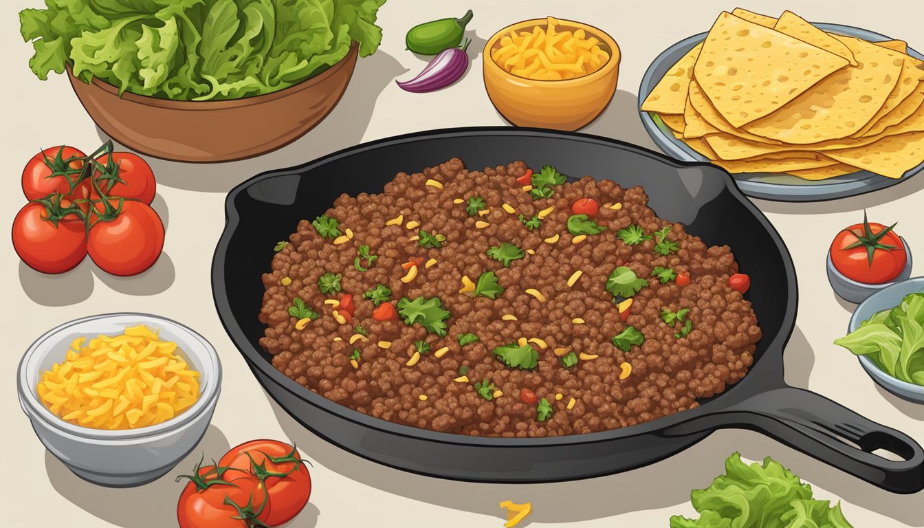 A sizzling skillet of seasoned ground beef, surrounded by vibrant fresh ingredients like tomatoes, lettuce, and cheese, ready to be assembled into delicious Texas-style tacos