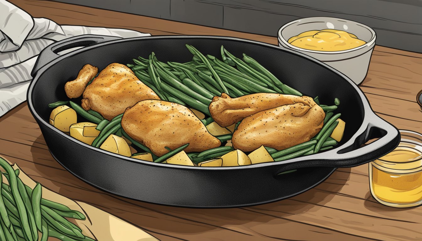 A cast iron skillet with honey mustard chicken, potatoes, and green beans baking in the oven