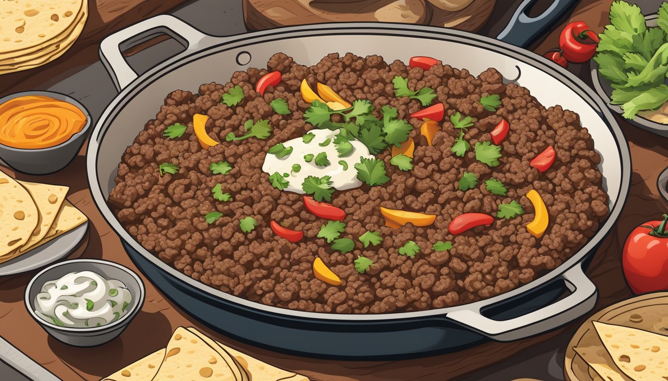 A sizzling skillet of seasoned ground beef, surrounded by fresh toppings and warm tortillas, ready for assembly