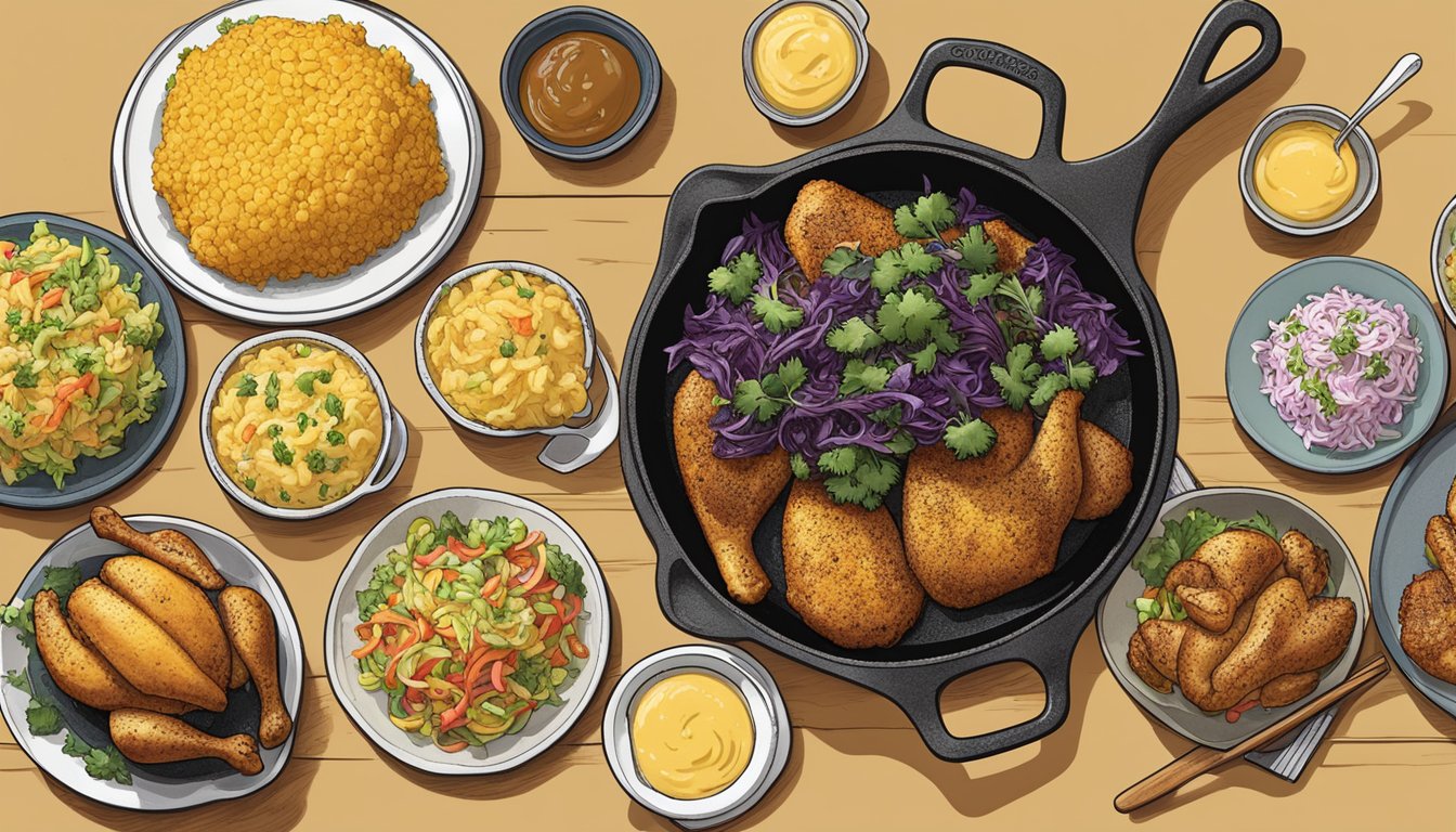 A sizzling cast iron pan filled with golden-brown honey mustard chicken, surrounded by vibrant Texas-style side dishes like cornbread and coleslaw