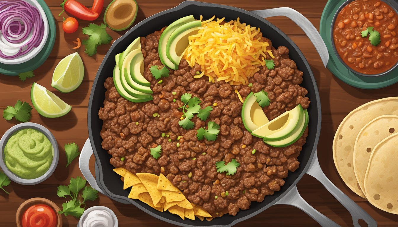 A sizzling skillet of seasoned ground beef surrounded by traditional taco toppings and warm tortillas