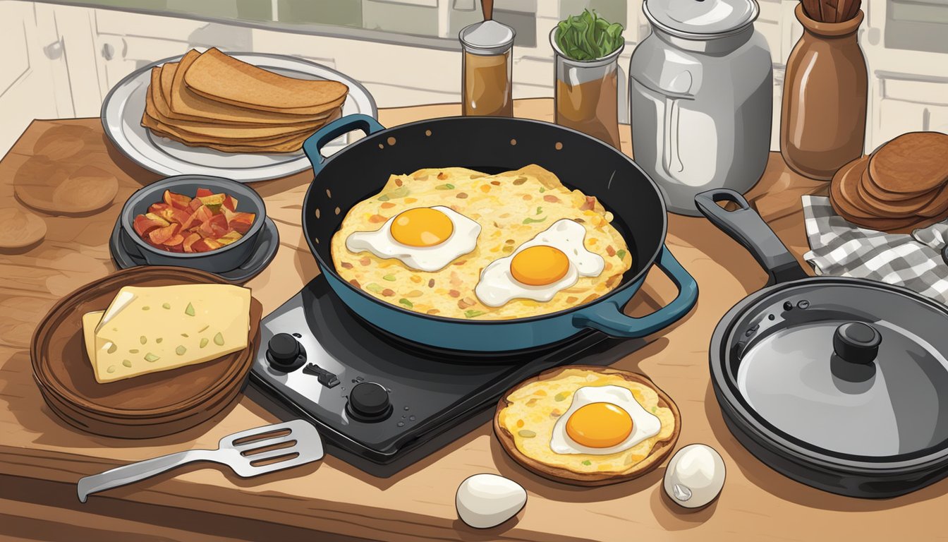 A Texan kitchen with ingredients like eggs, bacon, potatoes, cheese, and tortillas laid out on a counter, with a skillet sizzling on the stove