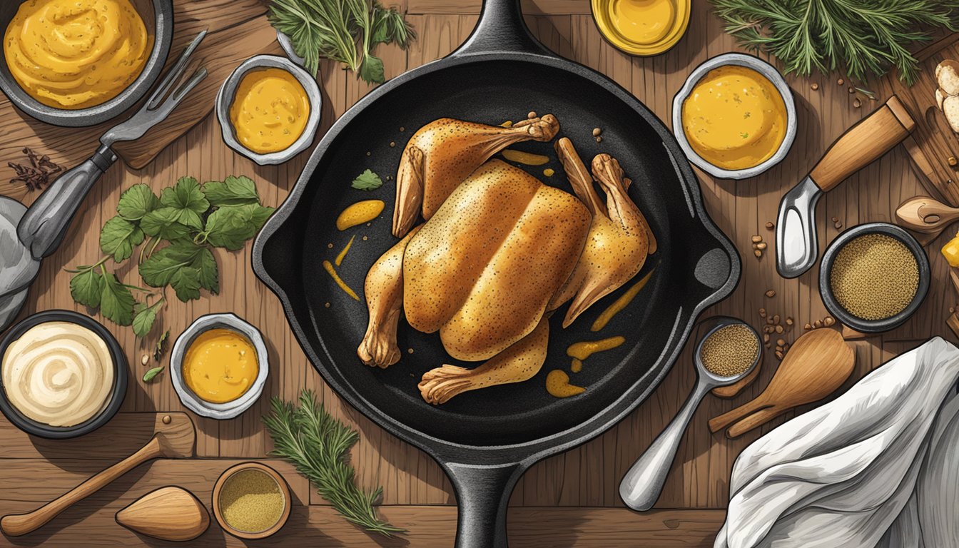 A rustic kitchen with a cast iron skillet containing baked honey mustard chicken surrounded by Texan spices and ingredients