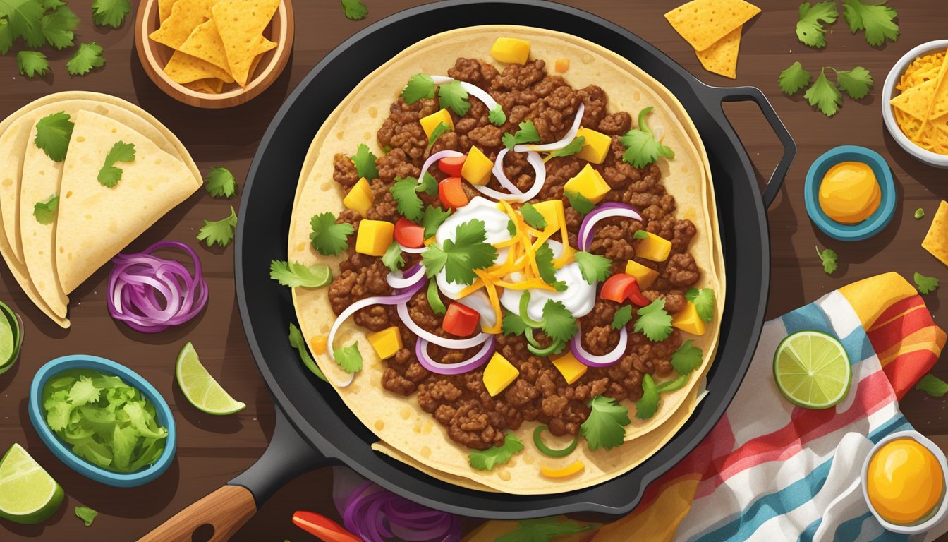 A sizzling skillet of Texas-style ground beef taco filling surrounded by colorful toppings and warm tortillas